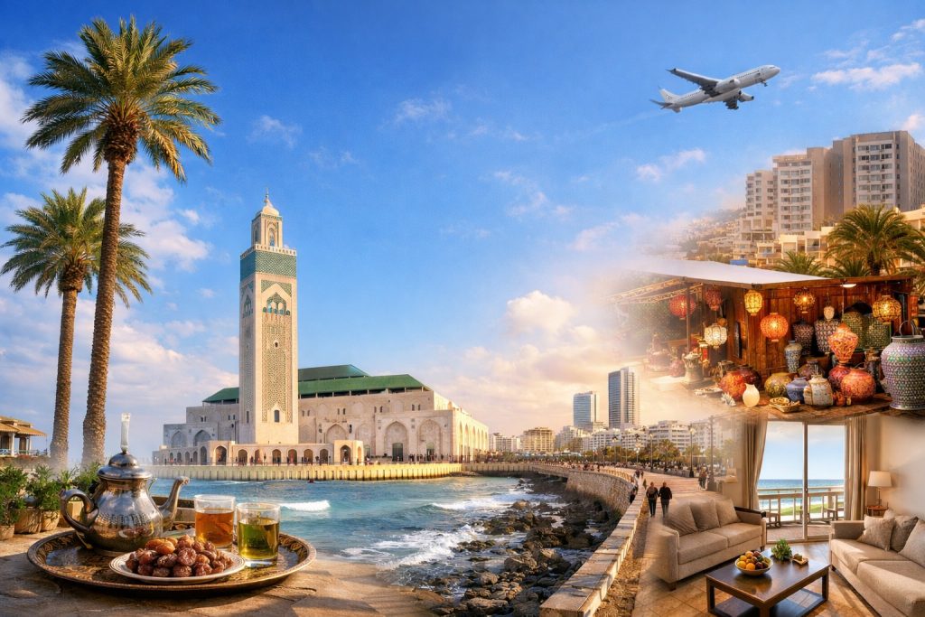 Scenic view of Hassan II Mosque, Casablanca coastline, traditional Moroccan tea, and modern holiday apartment interior godailyliving